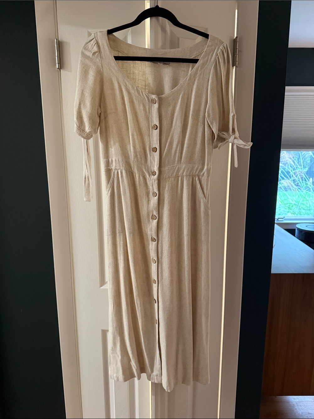 Hayden Cream/Beige Button-Front Midi Dress with Tie Sleeves